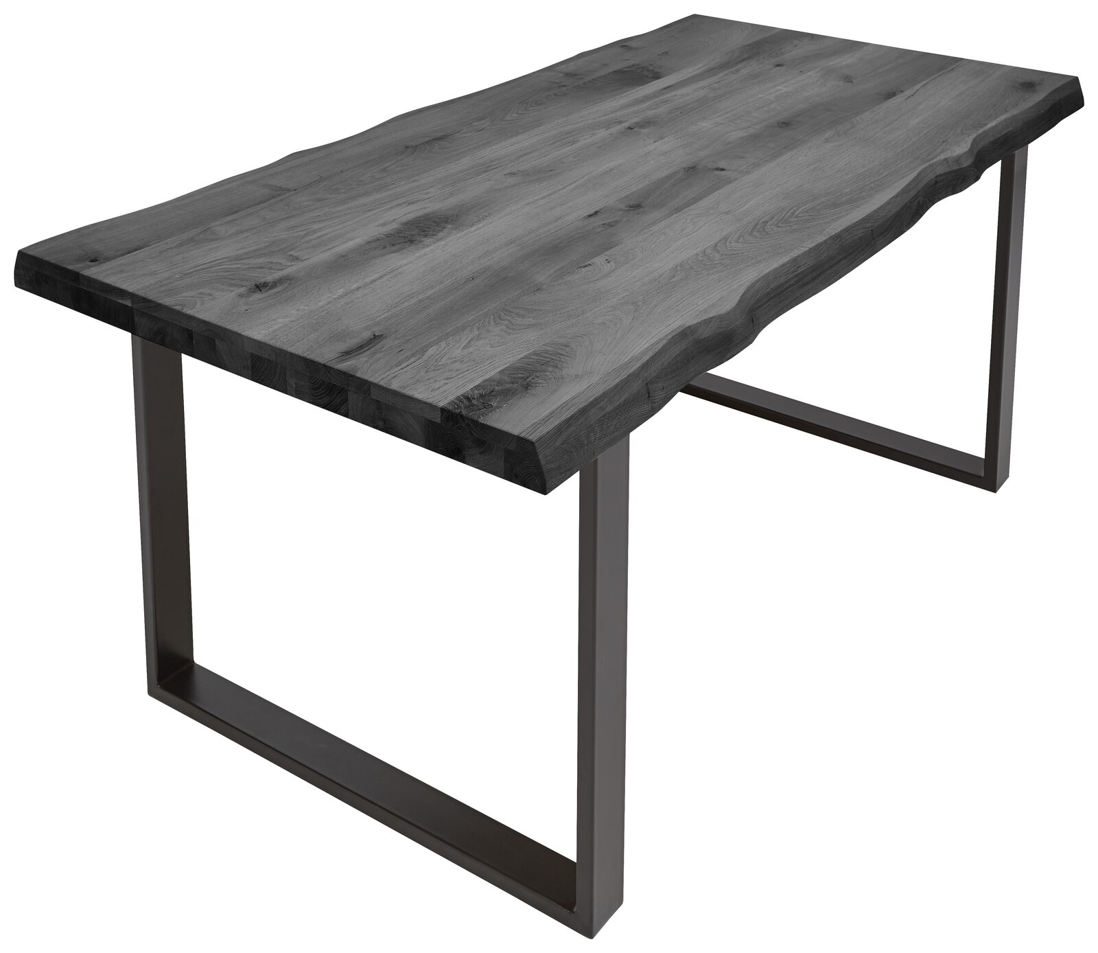 Tischplatte aus Holz mit natürlicher Kante, rechteckig, auf Metallgestell, Perspektive von schräg oben