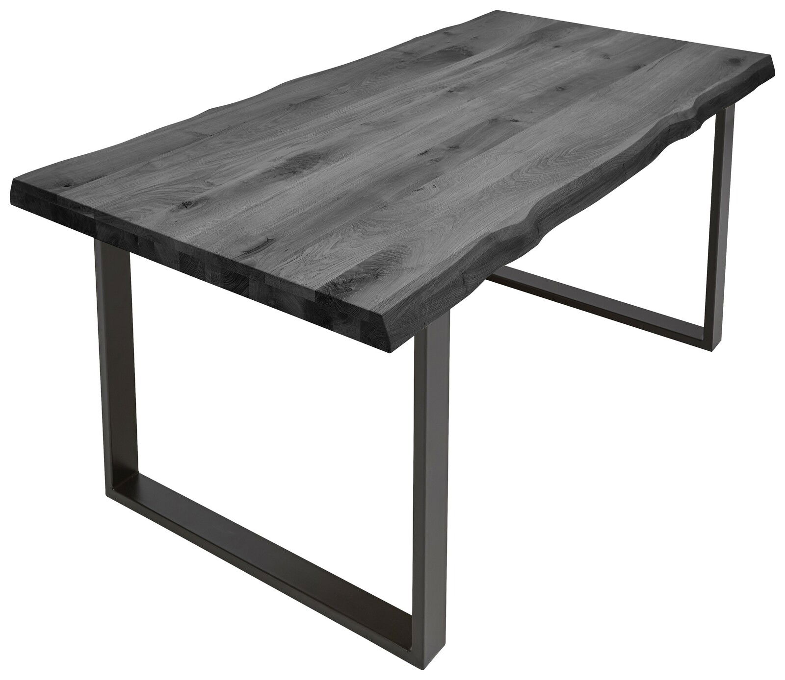 Tischplatte aus Holz mit natürlicher Kante, rechteckig, auf Metallgestell, Perspektive von schräg oben