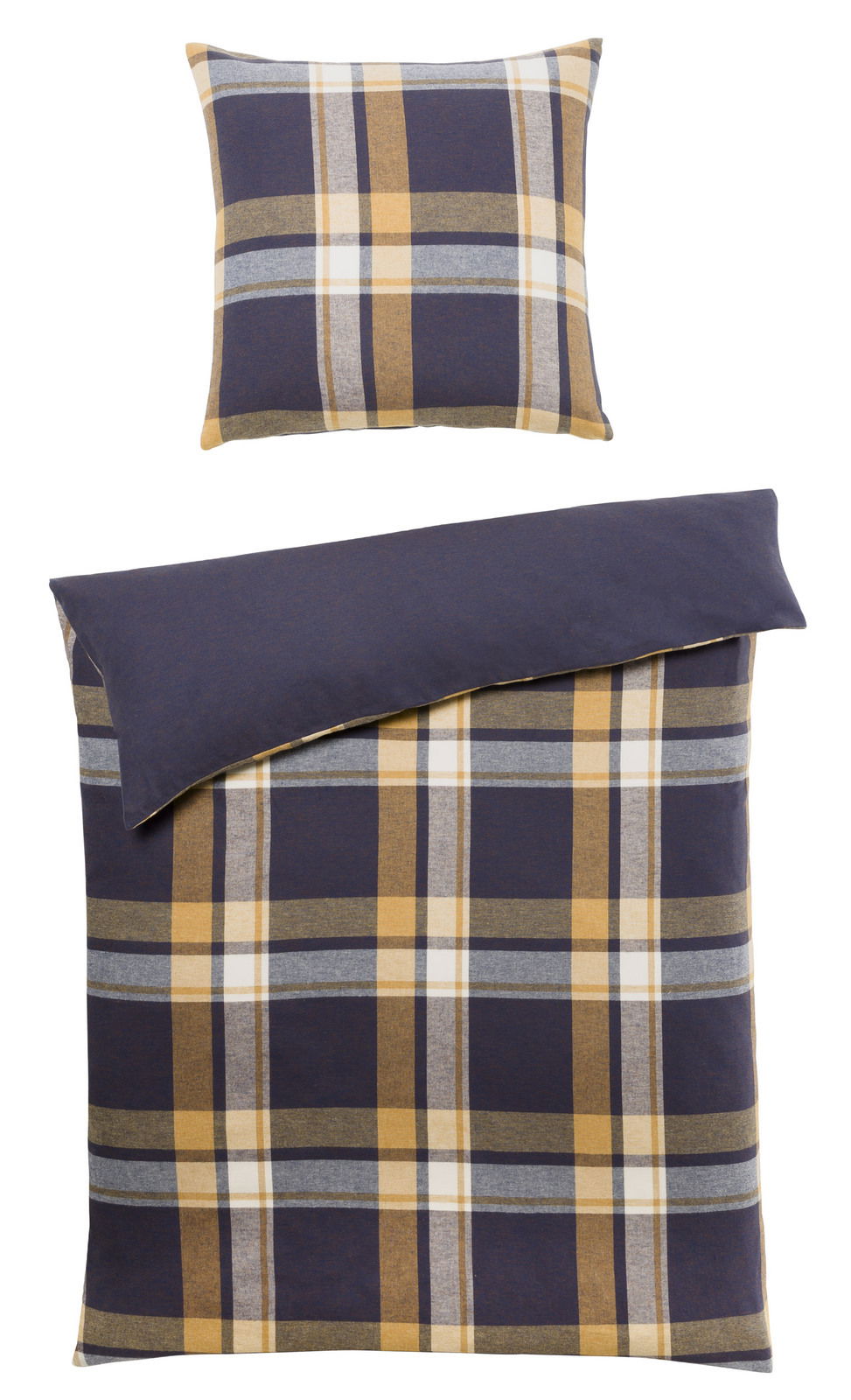 Wendebettwäsche 135x200cm mit kariertem Muster in Blau, Gelb und Grau, Draufsicht