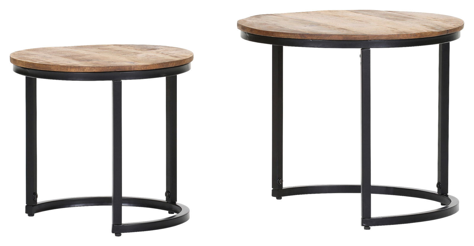 Zwei runde Beistelltische im Set, mit Holzoberfläche und schwarzen Metallbeinen, seitliche Perspektive.