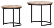 Zwei runde Beistelltische im Set, mit Holzoberfläche und schwarzen Metallbeinen, seitliche Perspektive.