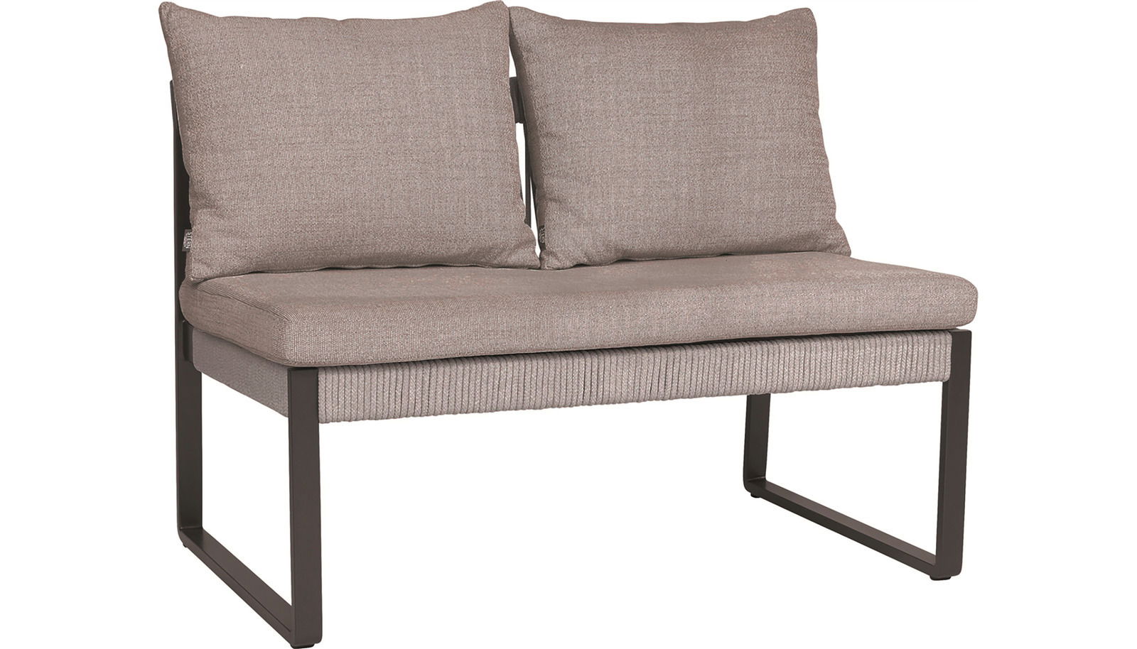 Zweisitzer-Loungeelement mit grauem Stoffbezug und schwarzem Metallrahmen, Frontalansicht