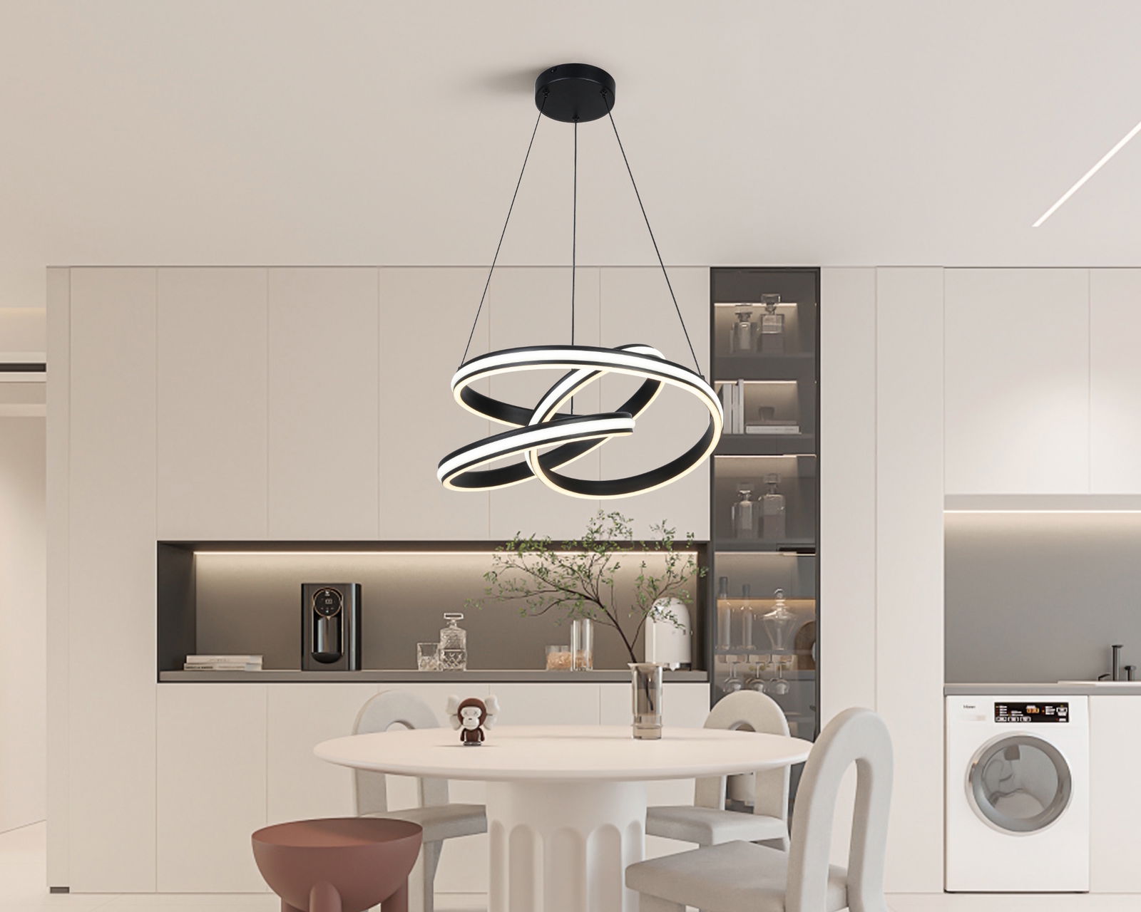 Moderne LED-Hängeleuchte in stilvollem, spiralförmigem Design, von unten betrachtet, in einem eleganten, minimalistischen Raum.
