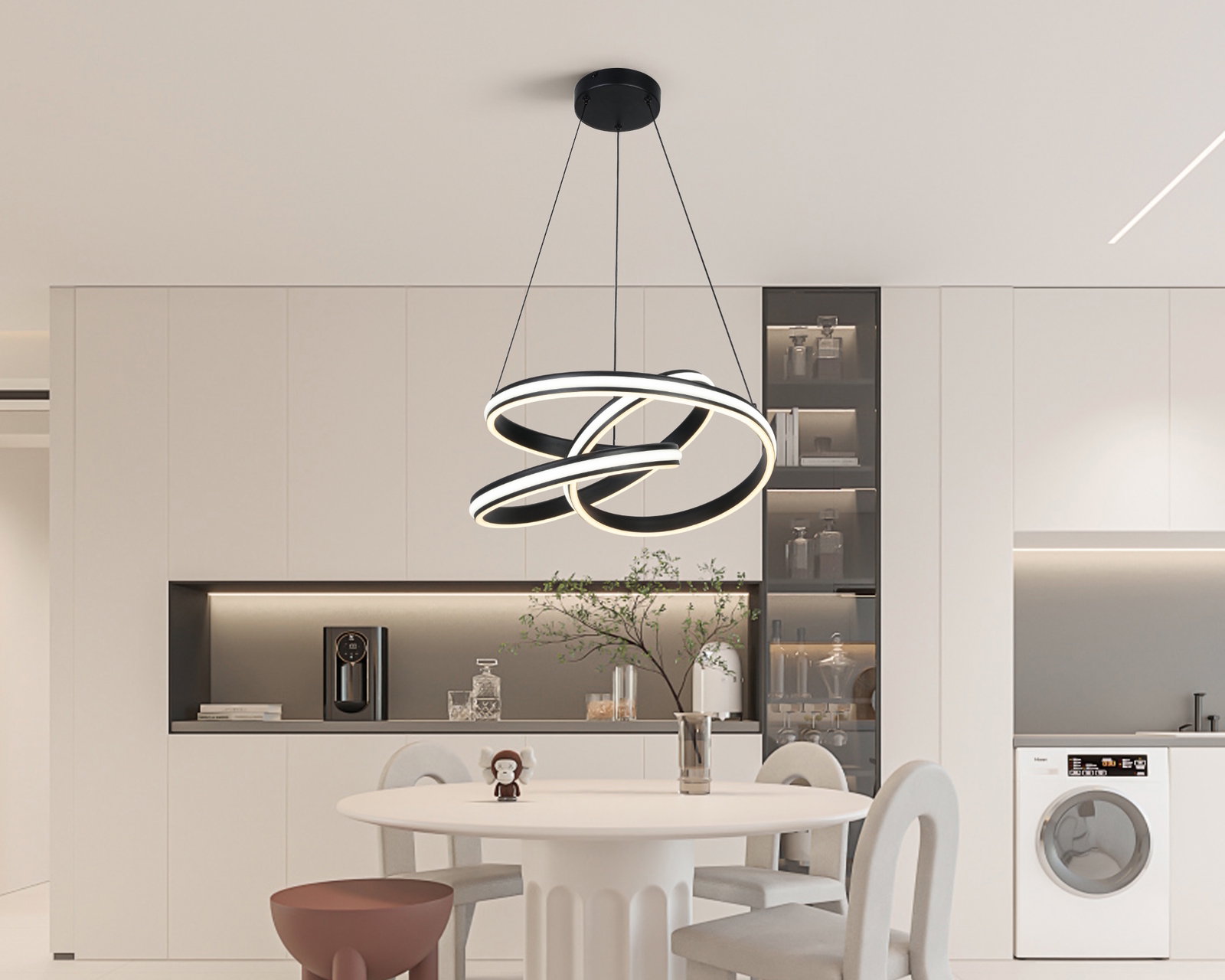 Moderne LED-Hängeleuchte in stilvollem, spiralförmigem Design, von unten betrachtet, in einem eleganten, minimalistischen Raum.