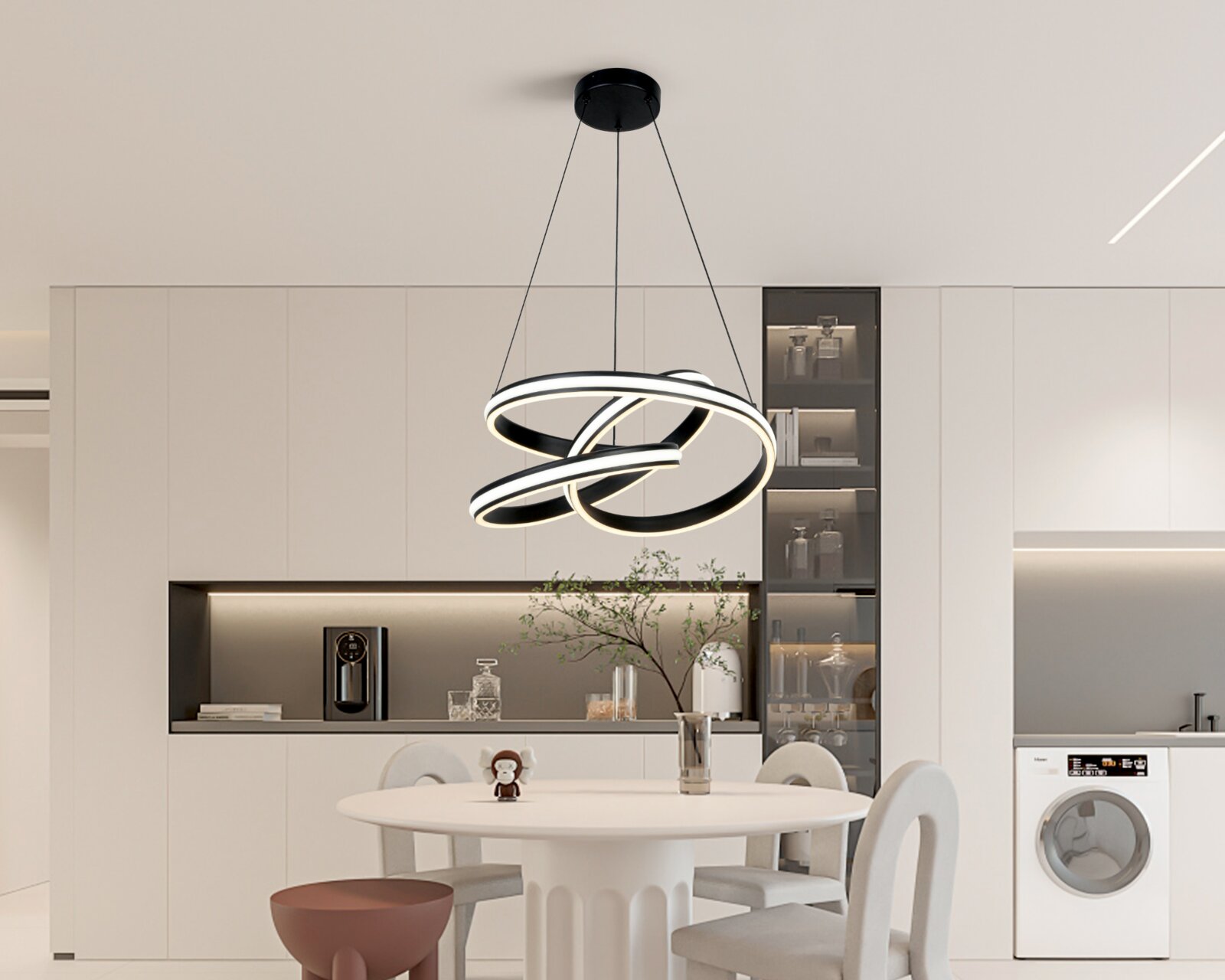 Novel LED-Hängeleuchte HÄNGELEUCHTE Moderne LED-Hängeleuchte in stilvollem, spiralförmigem Design, von unten betrachtet, in einem eleganten, minimalistischen Raum.