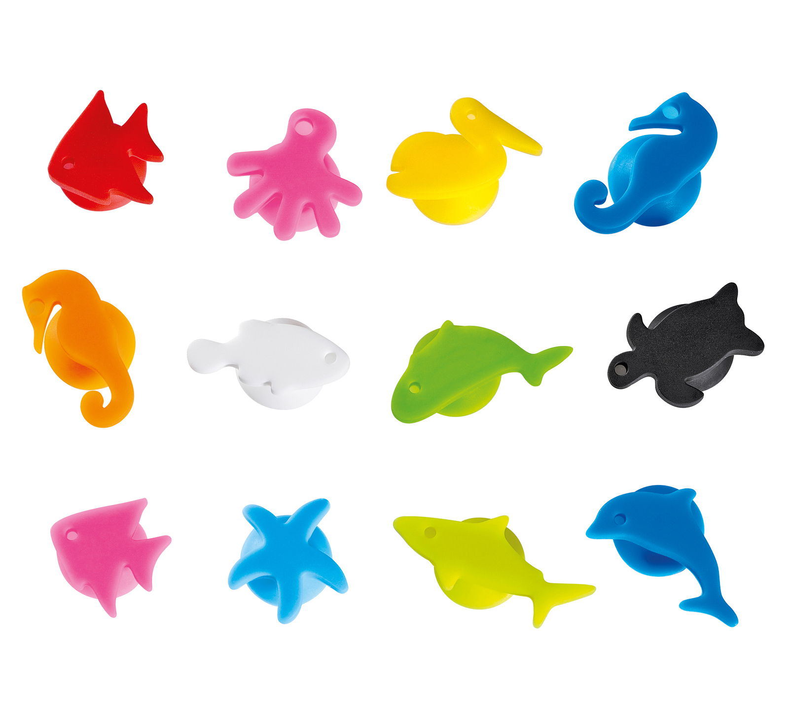 Bunte Glasmarker in Tierformen, von oben betrachtet, 12-teiliges Set.