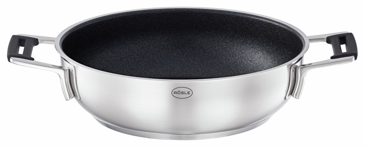 Serveerpan 28 cm Silence Pro van roestvrij staal met antiaanbaklaag, zijaanzicht