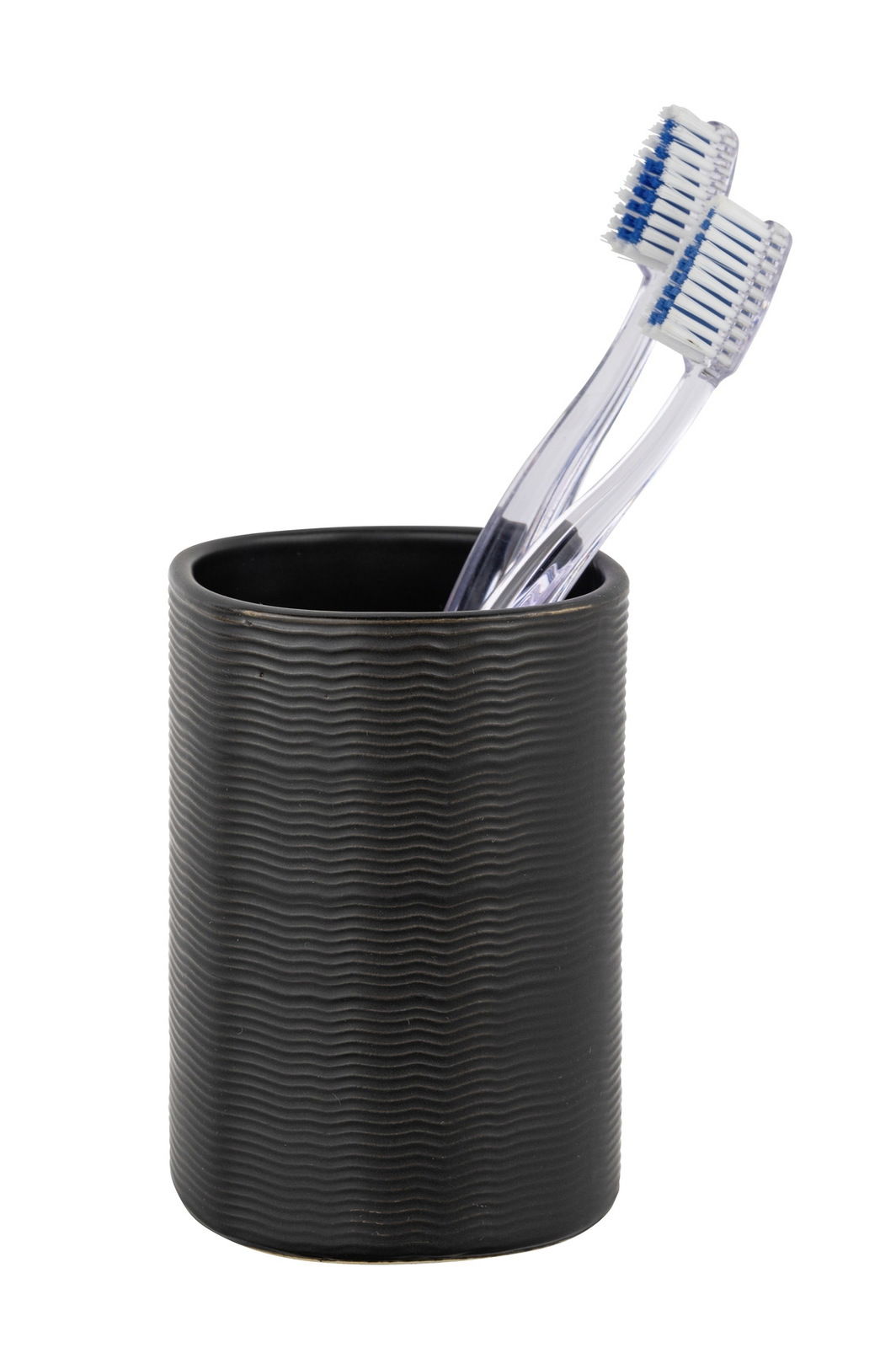 Schwarzer Keramik Zahnputzbecher Zena mit wellenförmiger Struktur, gefüllt mit zwei transparenten Zahnbürsten, seitliche Perspektive