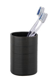 Schwarzer Keramik Zahnputzbecher Zena mit wellenförmiger Struktur, gefüllt mit zwei transparenten Zahnbürsten, seitliche Perspektive