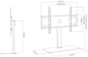 Technische Zeichnung einer TV-Standhalterung mit Bodenplatte und höhenverstellbaren Montageschienen, mit Maßangaben; dargestellt in Frontansicht und Seitenansicht.