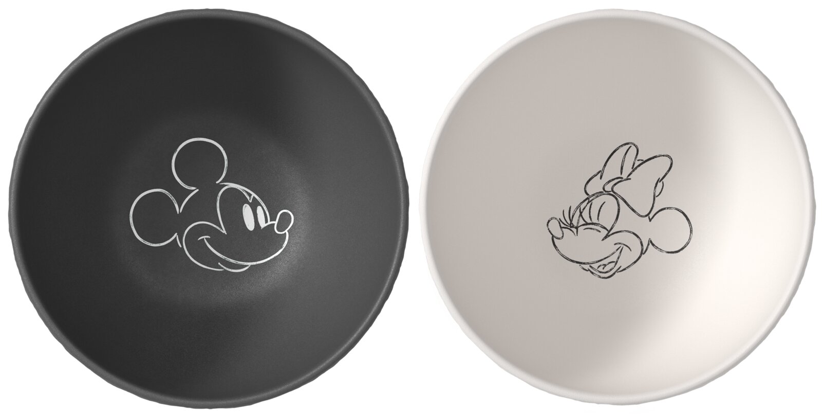 Zwei runde Teller im Set, links schwarzer Teller mit Mickey-Mouse-Kopf als Linienzeichnung, rechts heller Teller mit Minnie-Mouse-Skizze, Draufsicht von oben
