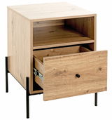 Nachtkommode aus Holz mit einer offenen Ablage und einer Schublade, seitliche Perspektive