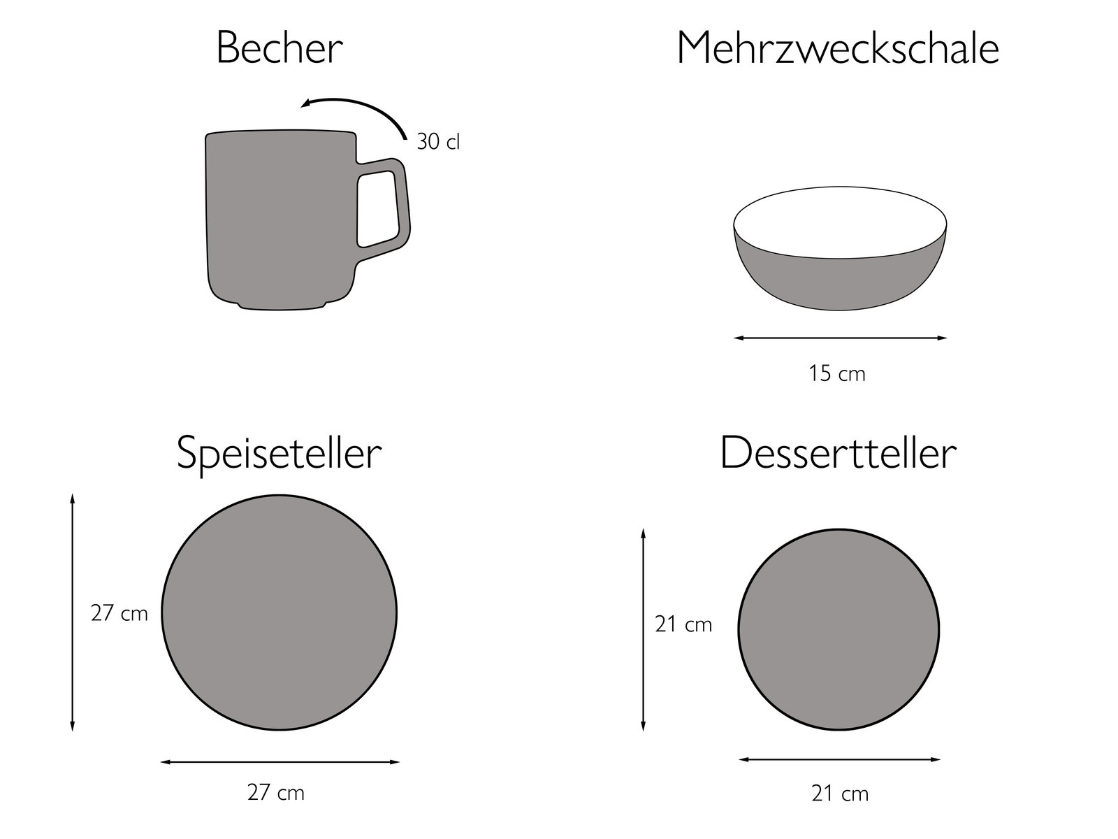 Illustration eines 16-teiligen Kombiservice-Sets mit Becher, Mehrzweckschale, Speiseteller und Dessertteller in Draufsicht und Seitenansicht.