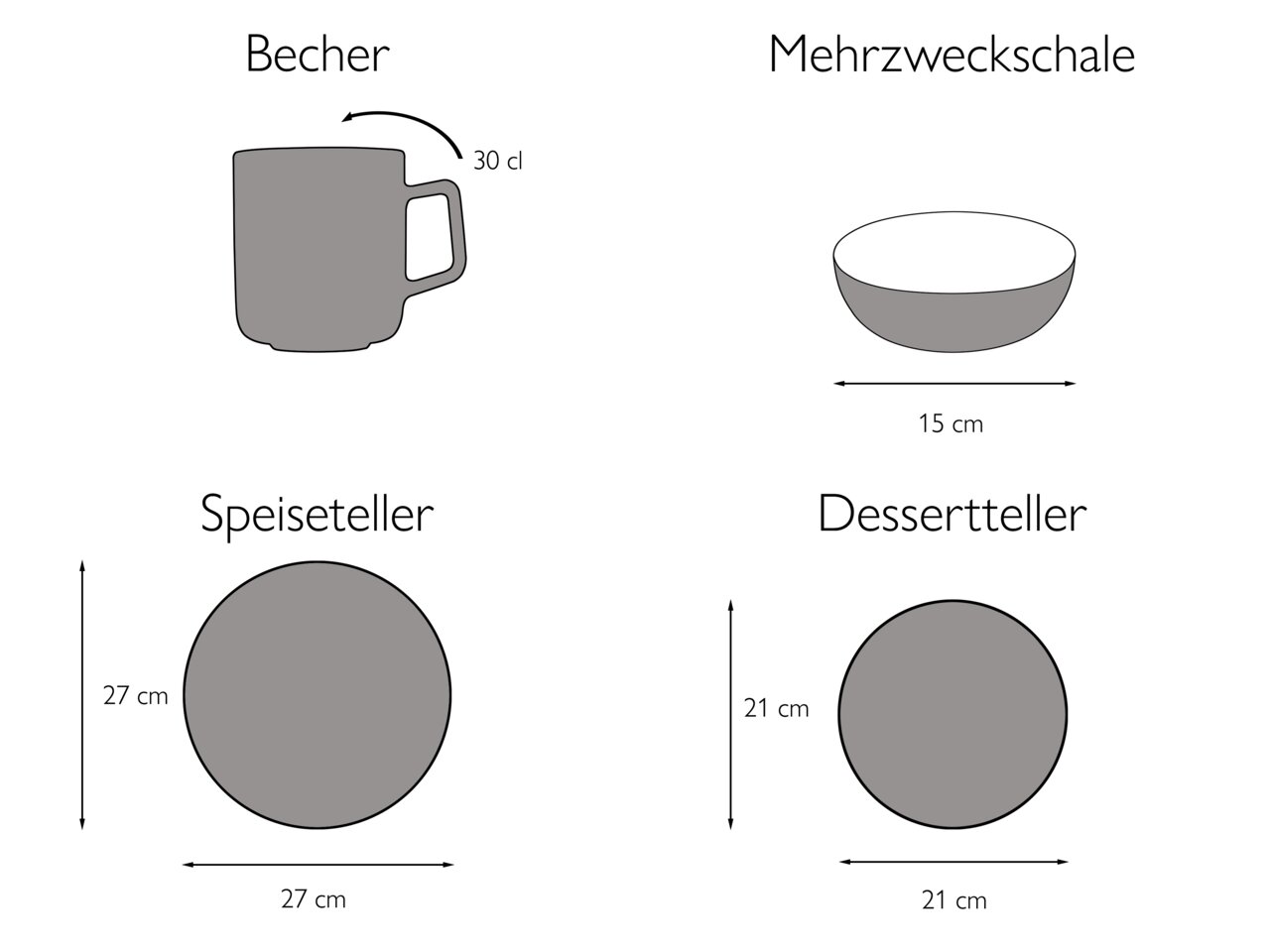 Illustration eines 16-teiligen Kombiservice-Sets mit Becher, Mehrzweckschale, Speiseteller und Dessertteller in Draufsicht und Seitenansicht.