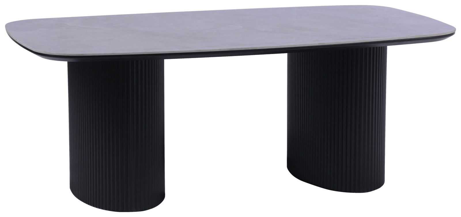 Moderner Couchtisch mit rechteckiger, abgerundeter Tischplatte und zwei geriffelten, zylindrischen Beinen in schwarzer Farbe, seitliche Perspektive.