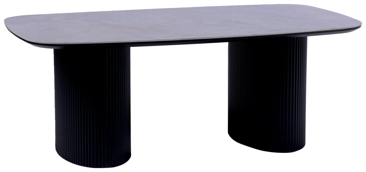 Moderner Couchtisch mit rechteckiger, abgerundeter Tischplatte und zwei geriffelten, zylindrischen Beinen in schwarzer Farbe, seitliche Perspektive.