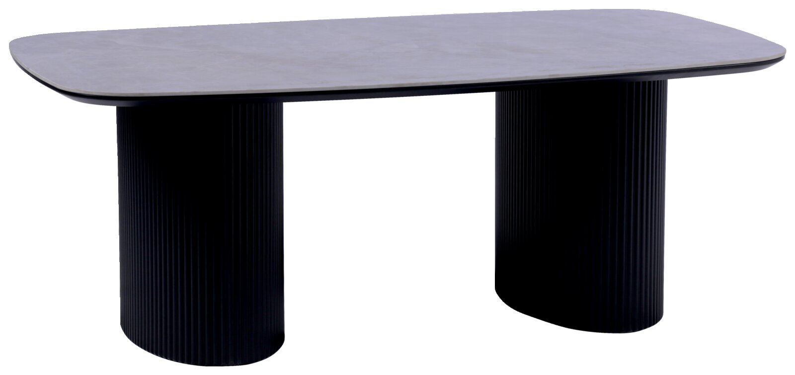 Moderner Couchtisch mit rechteckiger, abgerundeter Tischplatte und zwei geriffelten, zylindrischen Beinen in schwarzer Farbe, seitliche Perspektive.
