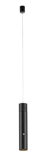 Schwarze Akku-Pendelleuchte in zylindrischer Form, von der Seite betrachtet, mit einem langen Kabel und einer Deckenhalterung.
