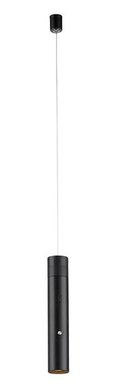 Schwarze Akku-Pendelleuchte in zylindrischer Form, von der Seite betrachtet, mit einem langen Kabel und einer Deckenhalterung.