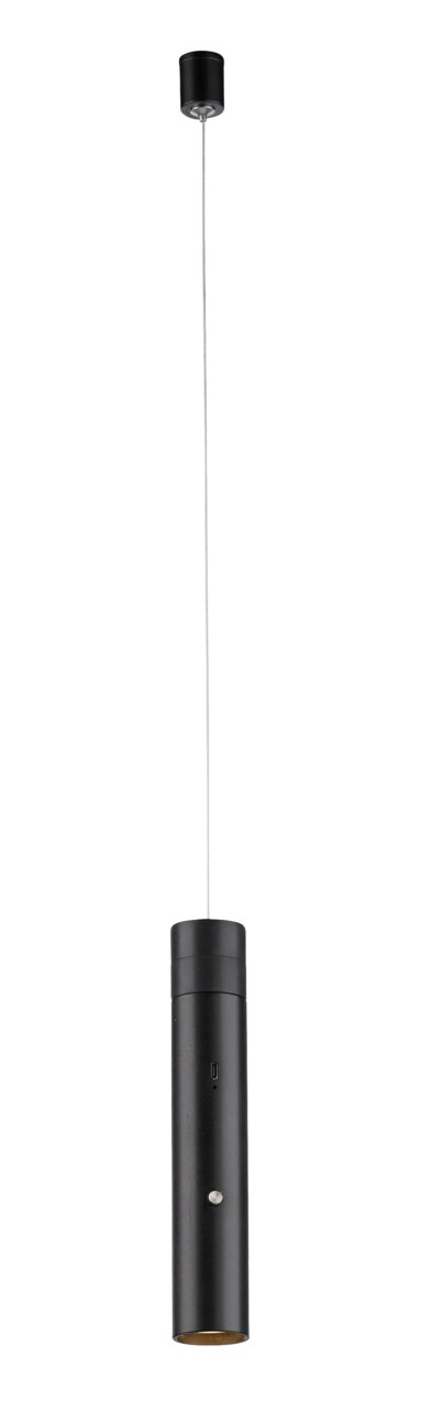Schwarze Akku-Pendelleuchte in zylindrischer Form, von der Seite betrachtet, mit einem langen Kabel und einer Deckenhalterung.