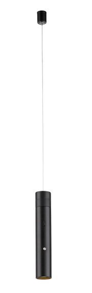 Zwarte accu-hanglamp in cilindrische vorm, gezien vanaf de zijkant, met een lange kabel en een plafondbevestiging.