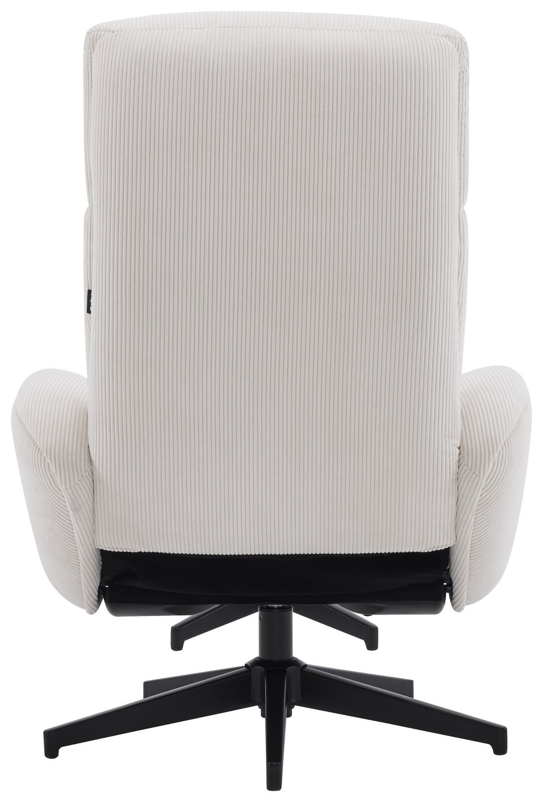 Rückansicht eines cremefarbenen Relaxsessels mit Hocker, auf einem schwarzen Drehfuß.