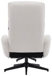 Rückansicht eines cremefarbenen Relaxsessels mit Hocker, auf einem schwarzen Drehfuß.