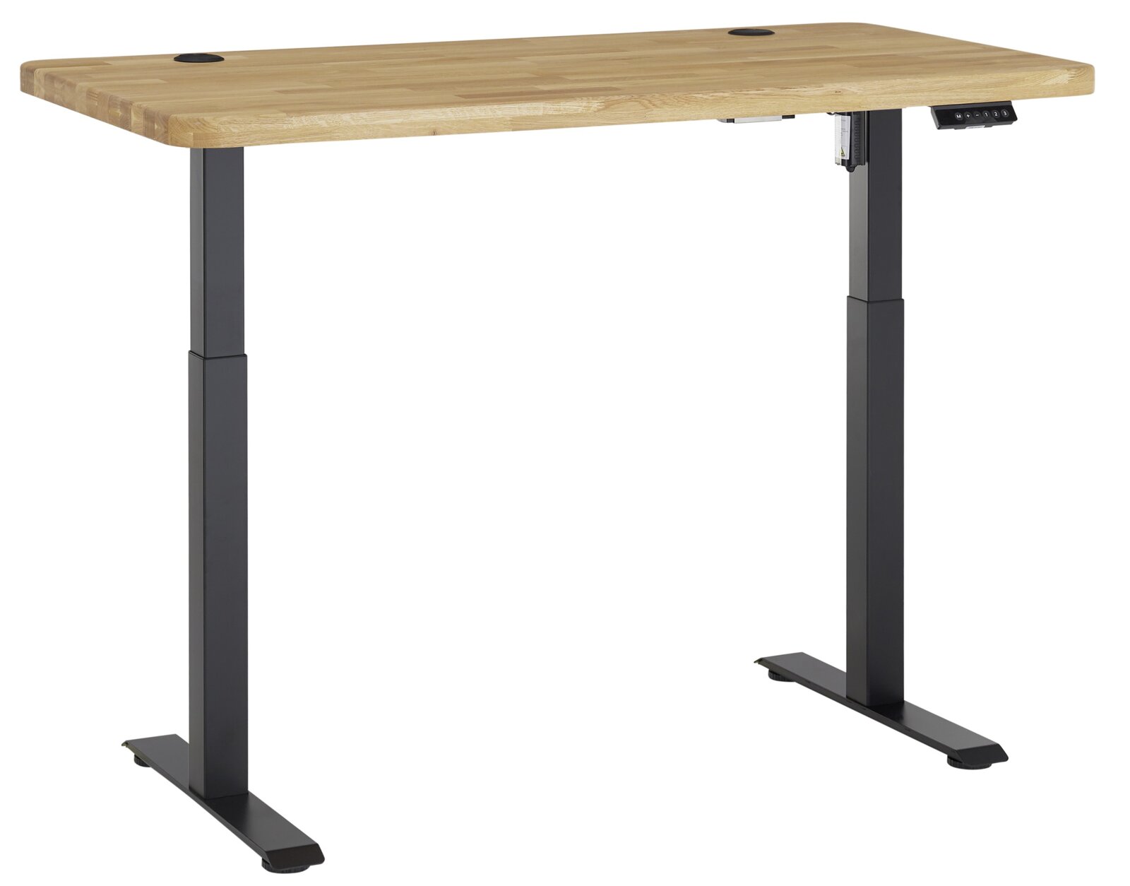 Elektrisch höhenverstellbarer Schreibtisch mit Holzplatte und schwarzen Metallbeinen, seitliche Perspektive