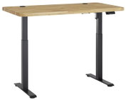 Elektrisch höhenverstellbarer Schreibtisch mit Holzplatte und schwarzen Metallbeinen, seitliche Perspektive