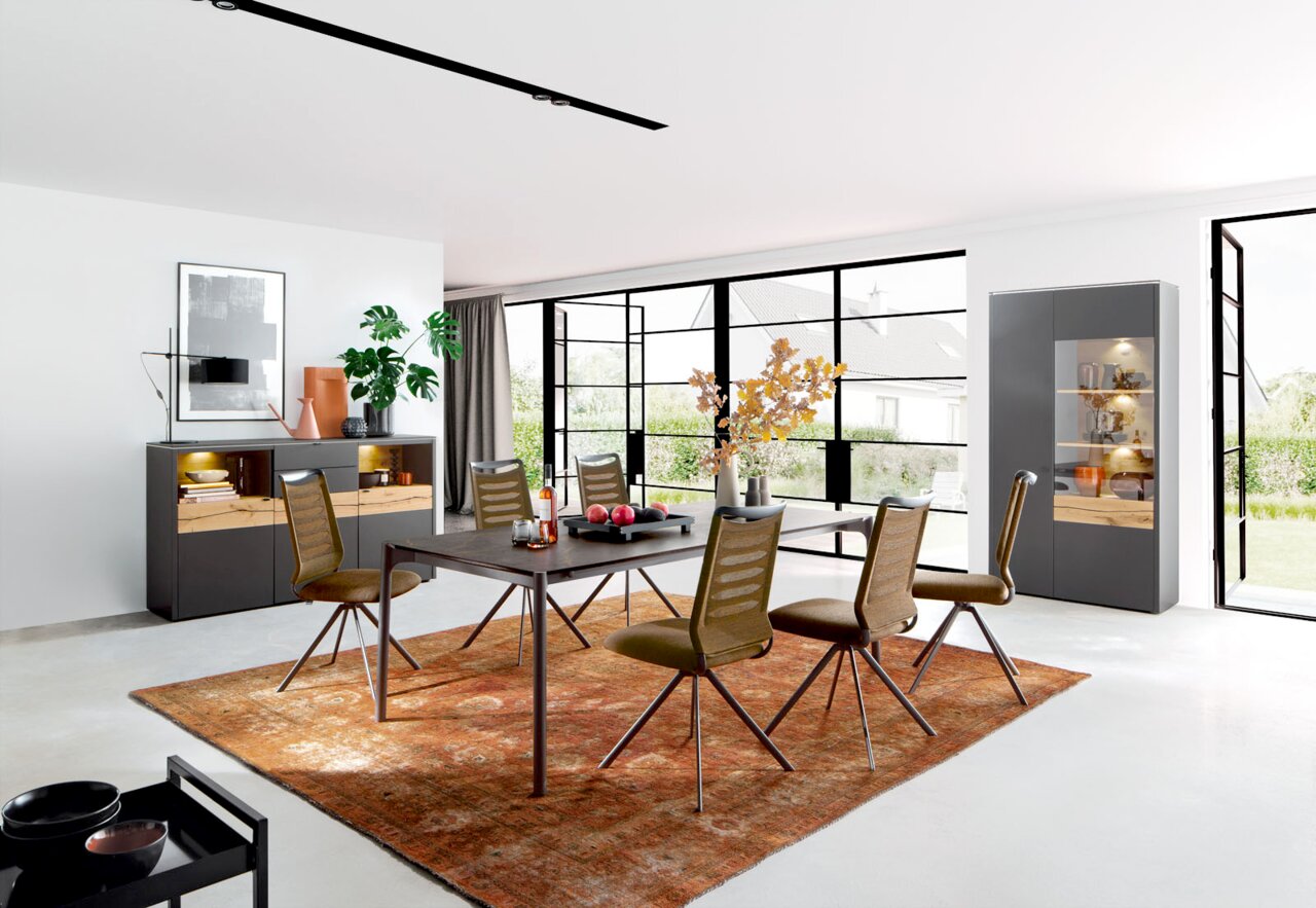 Venjakob Sessel LILLI 3000 Moderner Essbereich mit Esstisch und Stühlen auf einem roten Teppich, umgeben von großen Fenstern mit Blick ins Grüne, aus einer seitlichen Perspektive fotografiert.