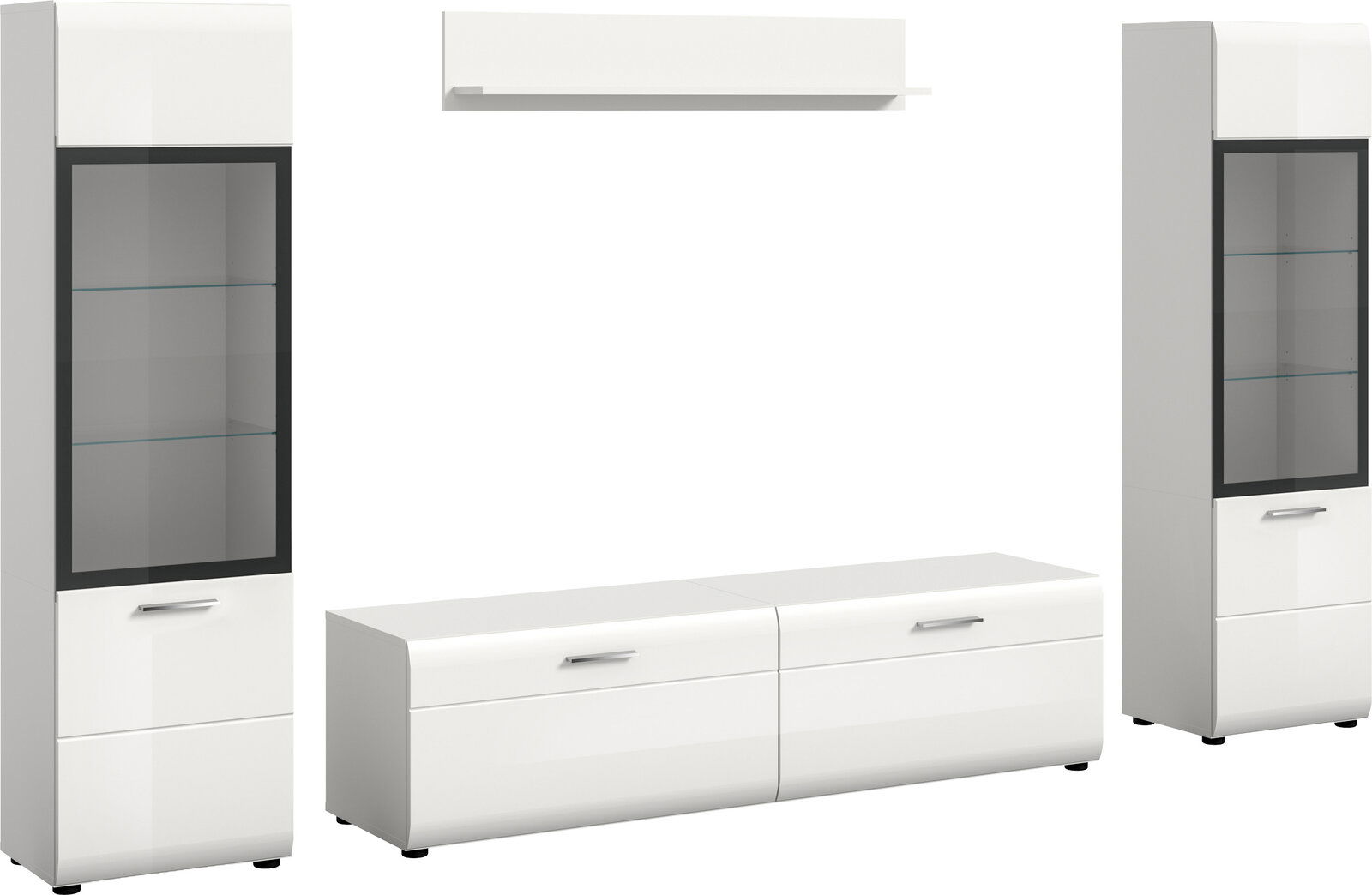 Modernes weißes Wohnzimmermöbel-Set mit zwei hohen Vitrinenschränken mit Glasfront und einem niedrigen TV-Lowboard, Frontansicht mit leichter Schrägperspektive