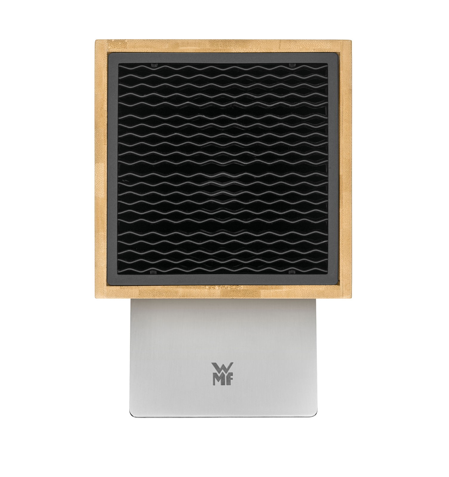 Vorderansicht eines unbestückten Messerblocks aus Bambus mit schwarzem Einsatz und silbernem Standfuß.