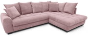 Roze ribfluwelen hoekbank met chaise longue rechts, diepe zitting en meerdere rugkussens, getoond in driekwart vooraanzicht op witte achtergrond