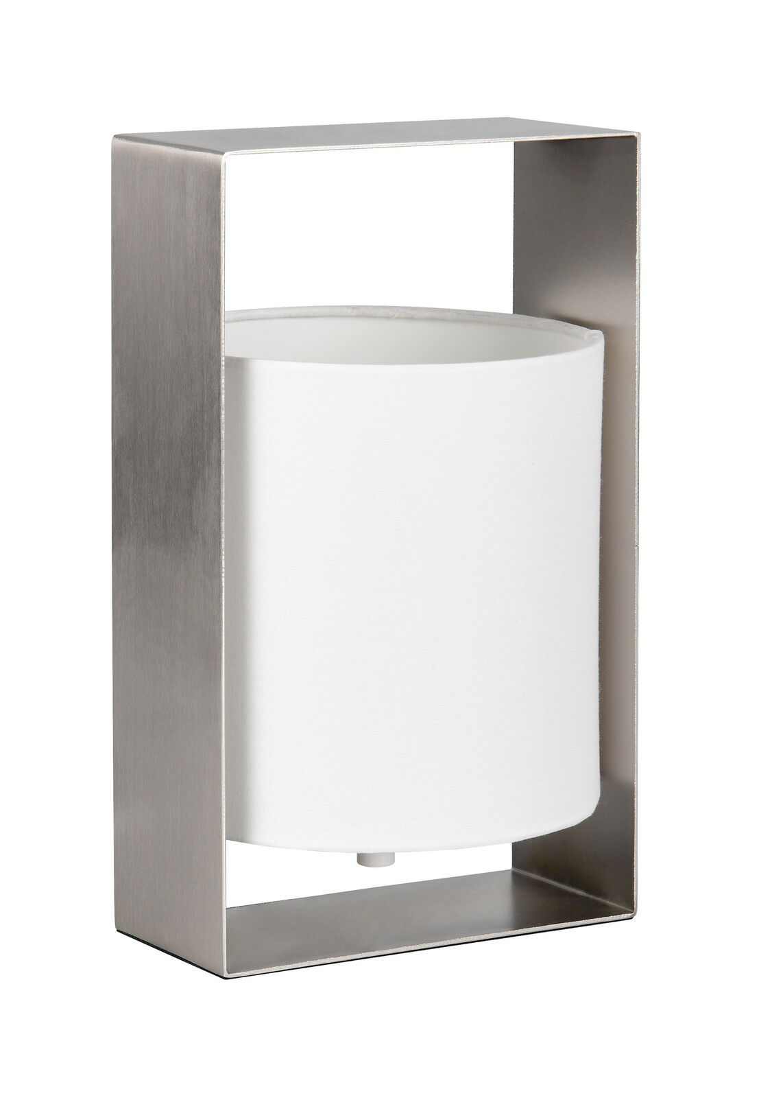 Moderne Tischleuchte mit rechteckigem Metallrahmen und weißem Lampenschirm, seitliche Perspektive