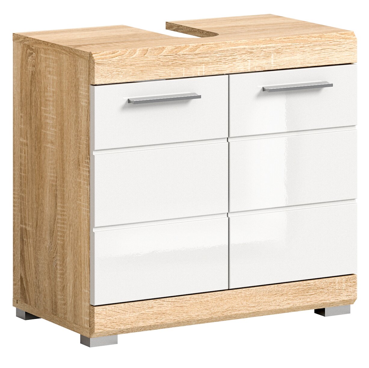 MID.YOU Waschbeckenunterschrank LAMBADA Moderner Waschbeckenunterschrank in Holzoptik mit weißen Fronten, seitliche Perspektive