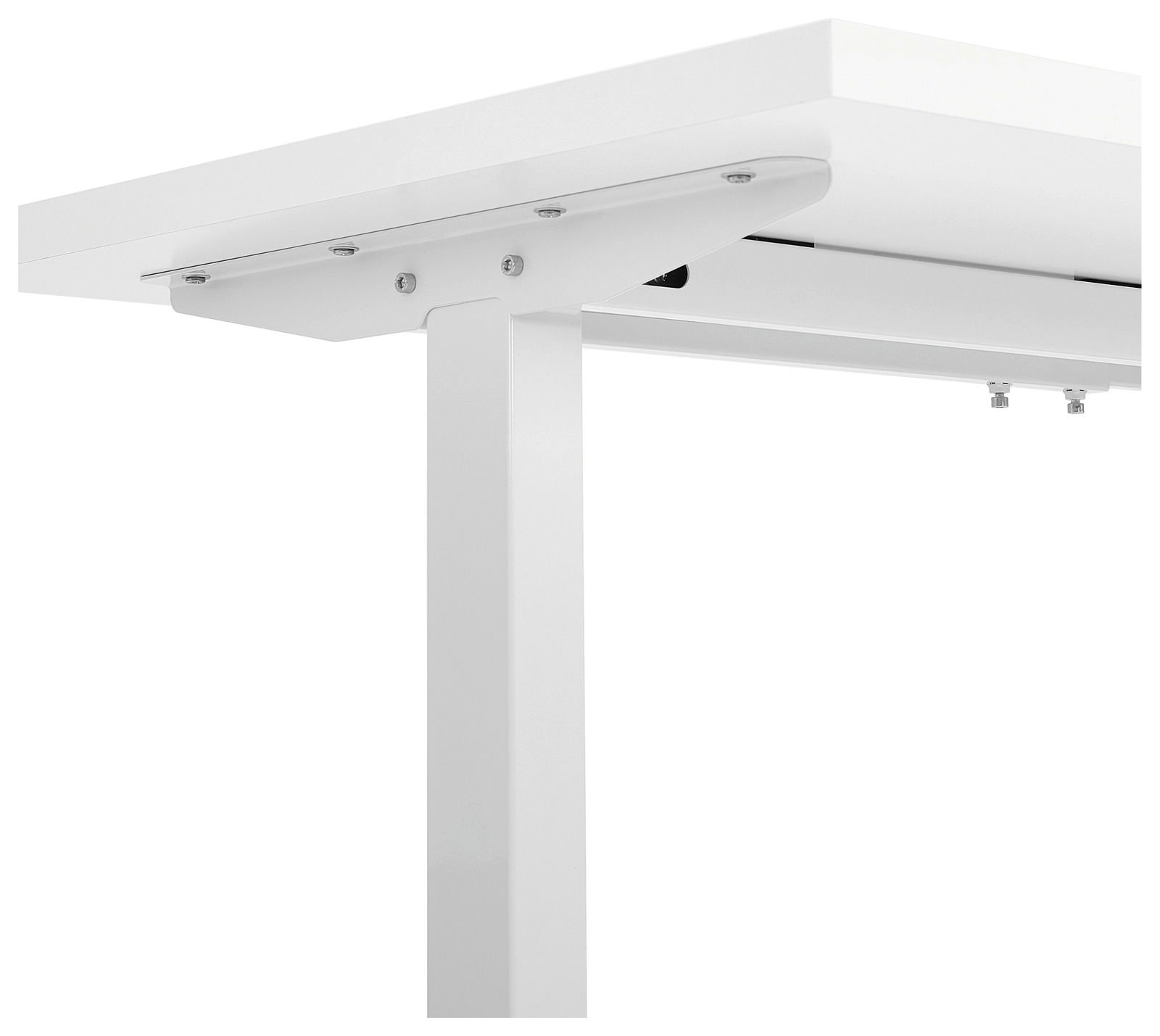 Nahaufnahme einer weißen Tischplatte mit stabiler Metallhalterung, seitliche Perspektive