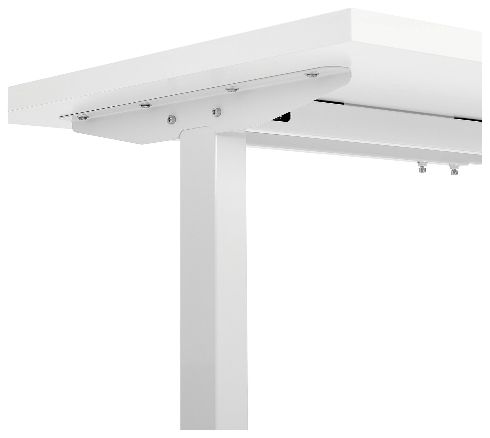 Nahaufnahme einer weißen Tischplatte mit stabiler Metallhalterung, seitliche Perspektive