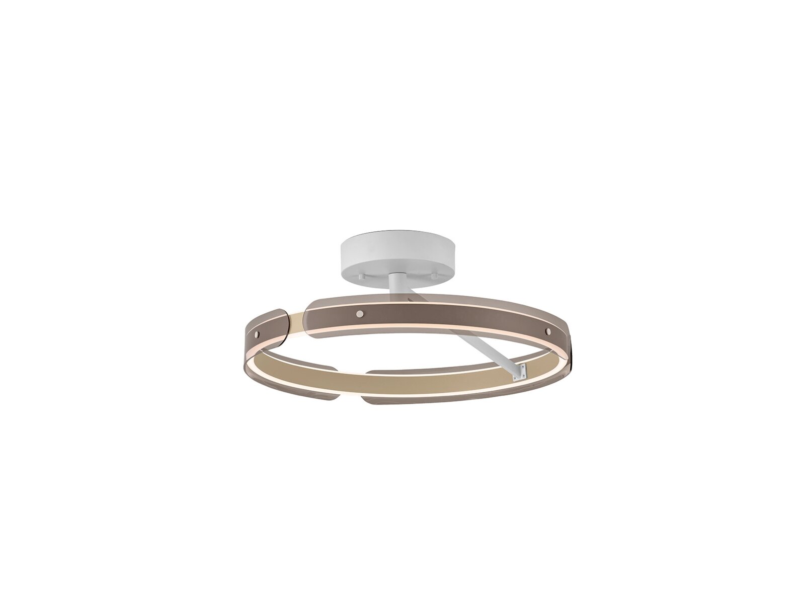 Moderne LED-Deckenleuchte in Ringform mit weißem Baldachin und warmweißem Licht, perspektivisch leicht von unten in schräger Seitenansicht freigestellt auf weißem Hintergrund