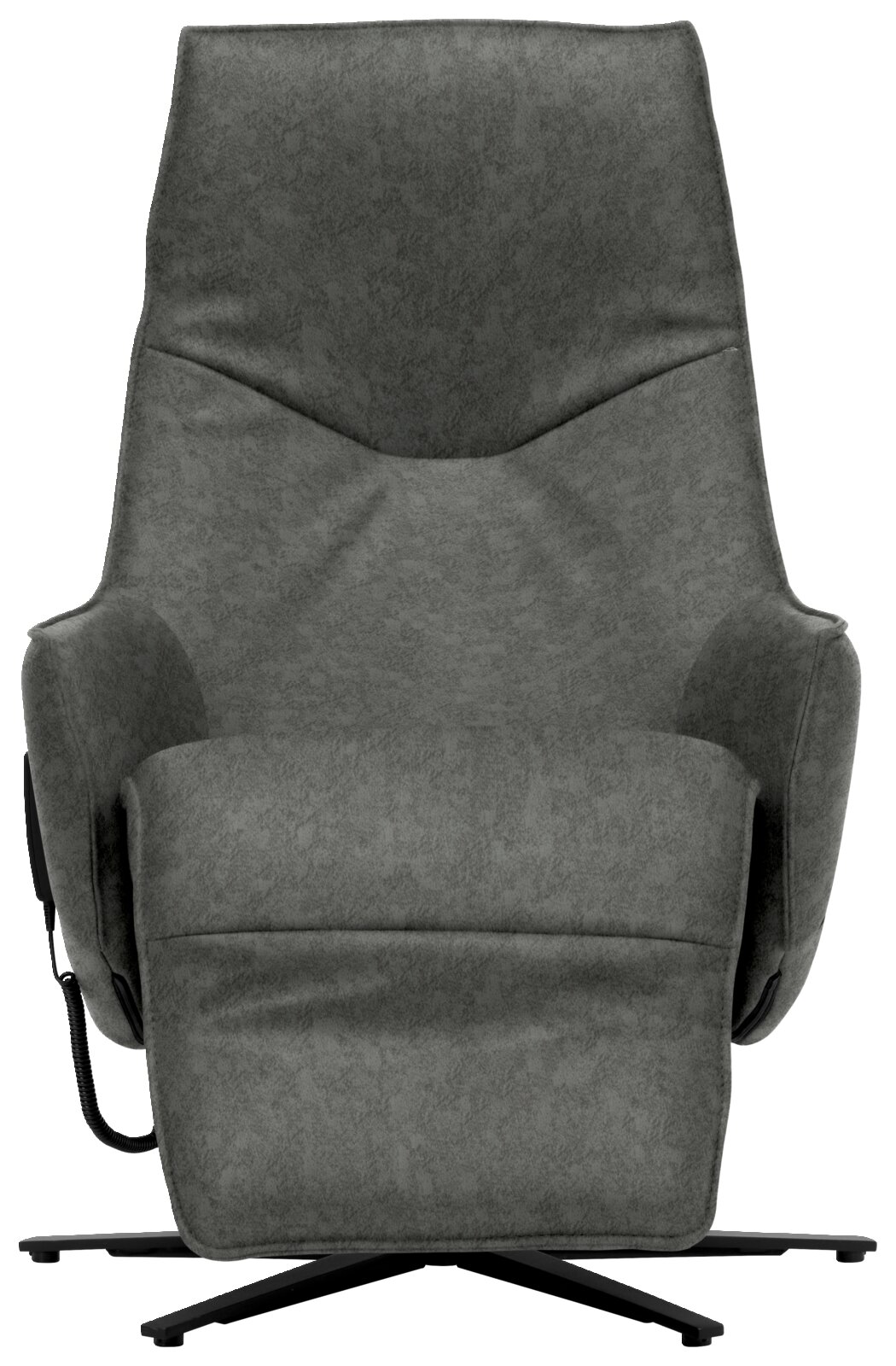 Grauer Relaxsessel in Frontalansicht mit modernem Design und verstellbarer Rückenlehne.
