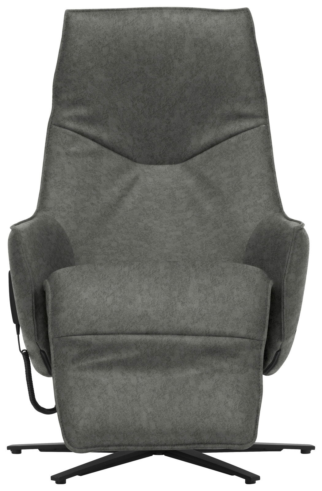 Grauer Relaxsessel in Frontalansicht mit modernem Design und verstellbarer Rückenlehne.