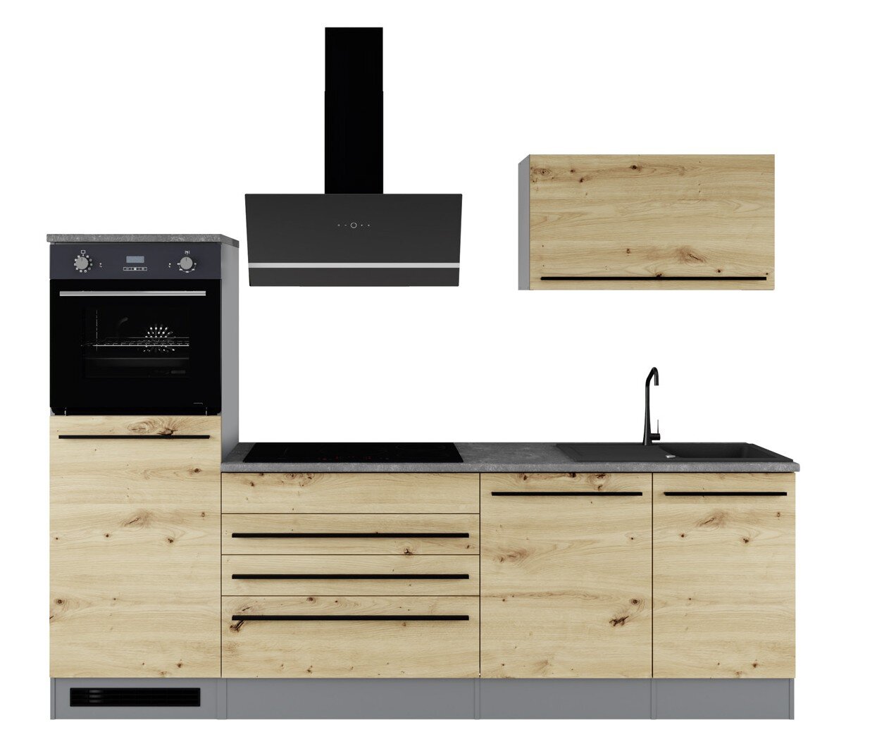 Yourkitchen Küchenblock 260 PREMIUM JAZZ Frontansicht einer modernen Küchenzeile in heller Holzoptik mit grauer Arbeitsplatte, integriertem Backofen links, schwarzem Kochfeld, Wand-Dunstabzugshaube und Spüle mit Armatur rechts