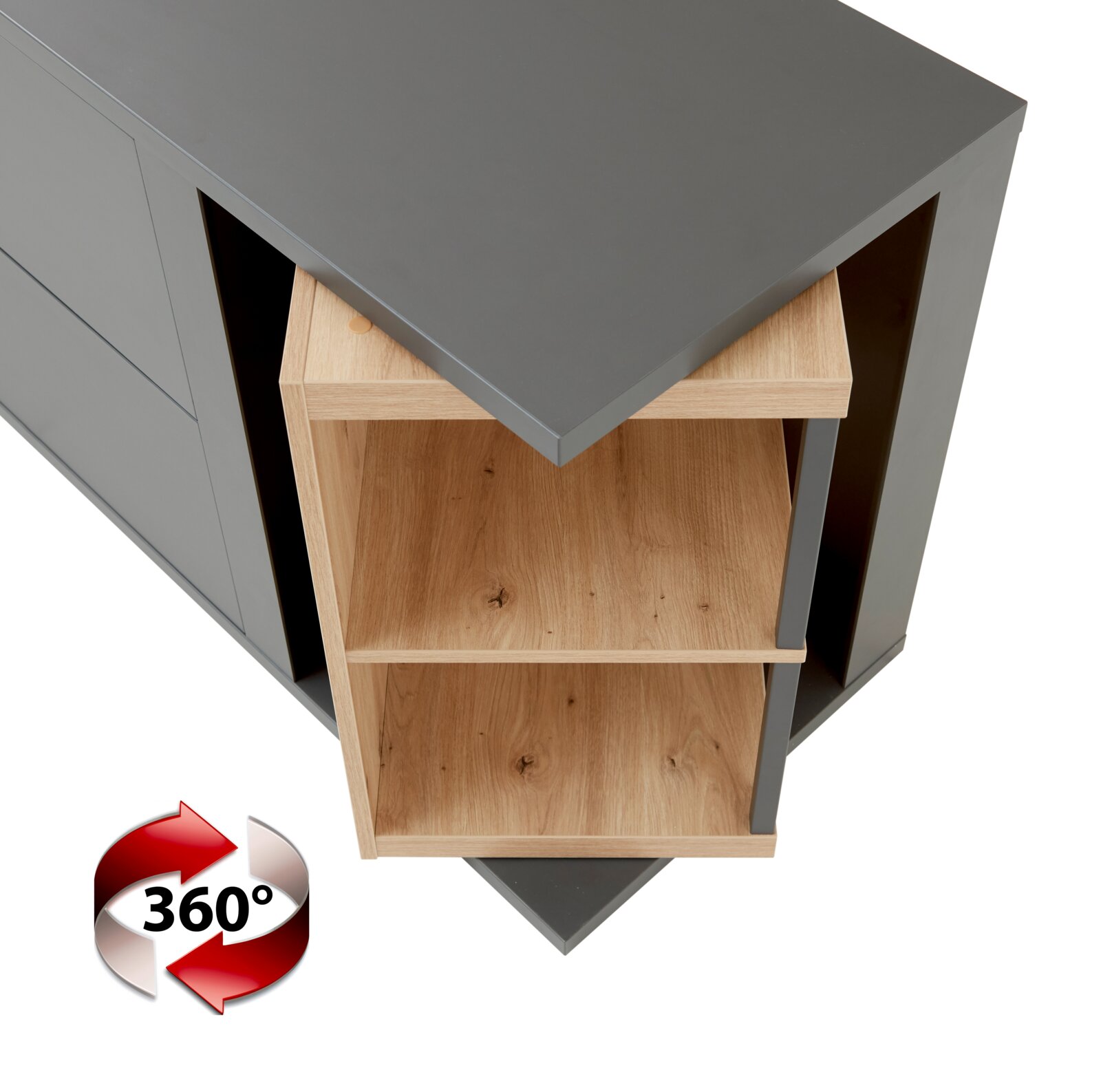 Modern dressoir in grijs met houten planken, gezien vanuit vogelperspectief.