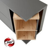 Modern dressoir in grijs met houten planken, gezien vanuit vogelperspectief.