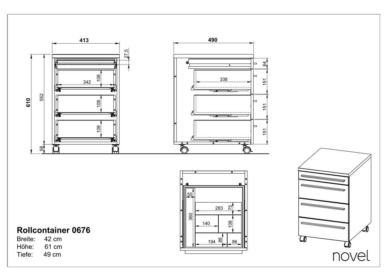 Rollcontainer mit drei Schubladen, auf Rollen, in der Frontalansicht und Seitenansicht dargestellt. Maße: Breite 42 cm, Höhe 61 cm, Tiefe 49 cm.