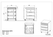Rollcontainer mit drei Schubladen, auf Rollen, in der Frontalansicht und Seitenansicht dargestellt. Maße: Breite 42 cm, Höhe 61 cm, Tiefe 49 cm.