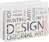 Moderner Zeitungsständer mit ausgeschnittenen Wörtern wie 'DESIGN' und 'ART', seitliche Perspektive