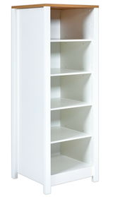 Weißes Standregal mit vier offenen Fächern und einer Holzoberfläche, seitliche Perspektive