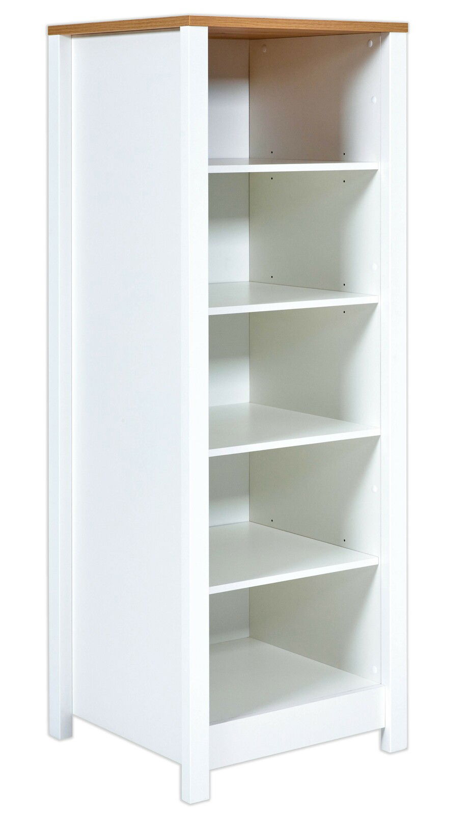 Weißes Standregal mit vier offenen Fächern und einer Holzoberfläche, seitliche Perspektive