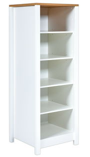 Weißes Standregal mit vier offenen Fächern und einer Holzoberfläche, seitliche Perspektive