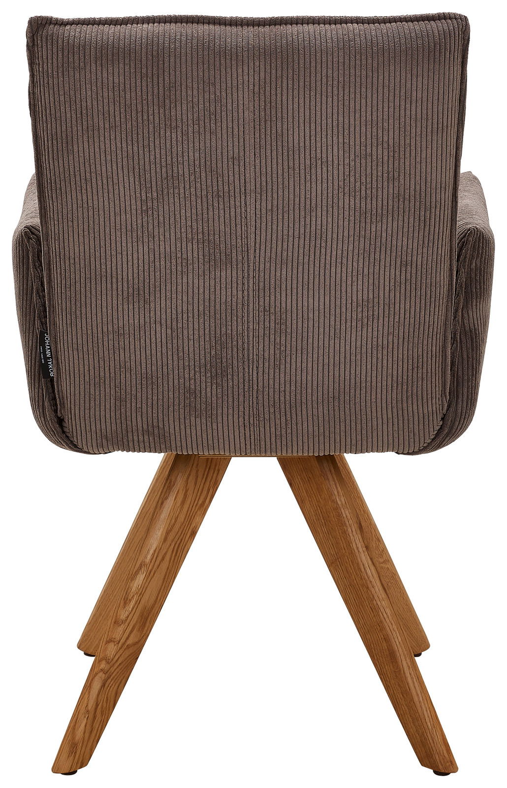 Johann Jakob Armlehnstuhl CALAS Rückansicht eines Armlehnstuhls mit braunem Stoffbezug und Holzbeinen